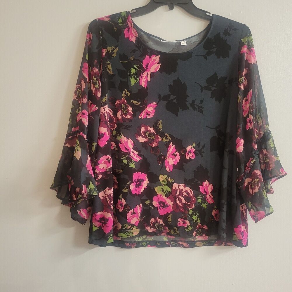 Susan Graver Size 2X Sheer Sleeve Grey/Pink‎ Floral Tunic Top  Artsy Flirty Mvmt